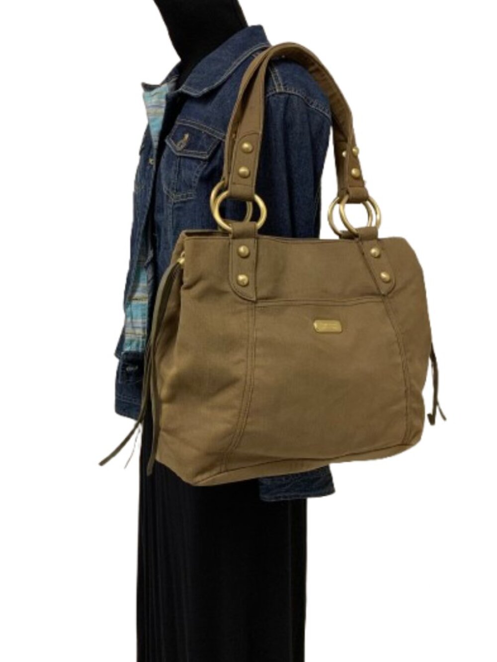 Vintage Kenneth Cole Reaction Khaki Brown Canvas Tote Shoulder Bag Brass Rings